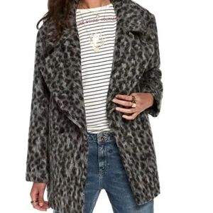 Scotch & Soda Wool Leopard Print Fuzzy Cocoon Peacoat